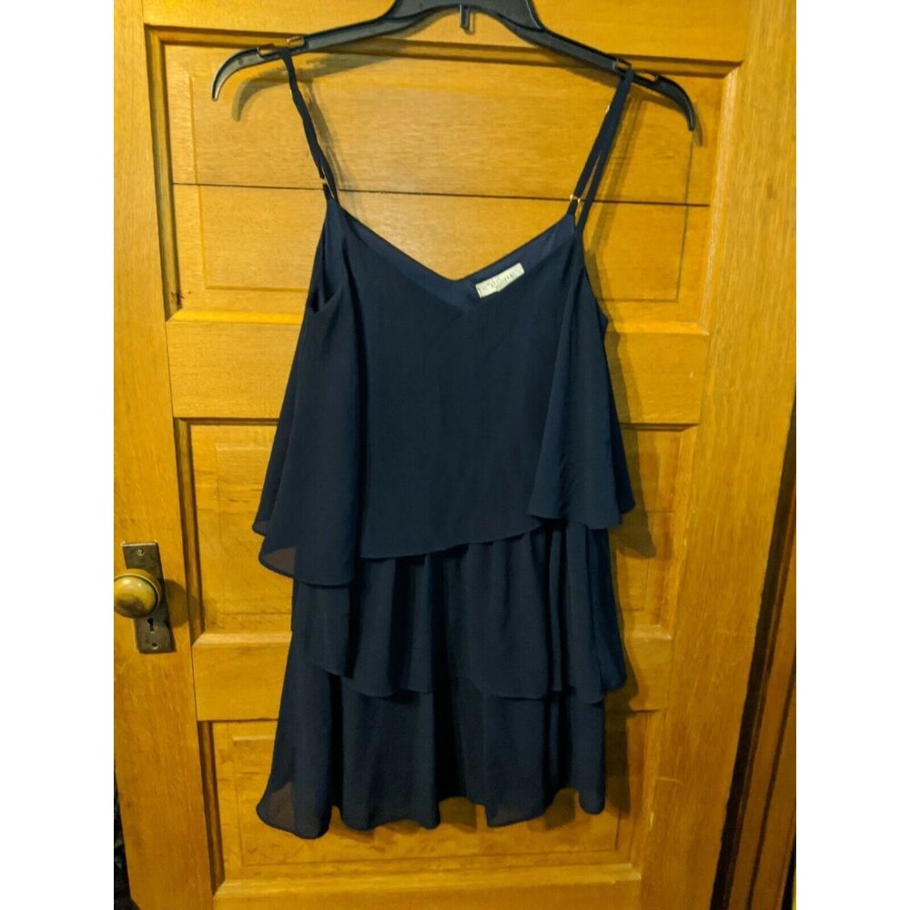 Alythea Top Blouse Ruffles Sz M Relaxed Fit Spaghetti Strap Adjustable Navy Blue